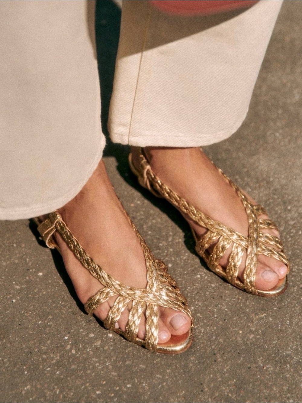 Sezane Natacha Low Gold Braided Leather Sandals SZ 40